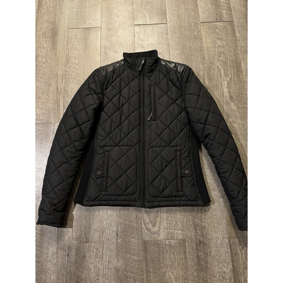 Women's Size Small Ralph Lauren Quilted Puffer Jacket Lamb Leather Zip Up Black - Picture 1 of 5